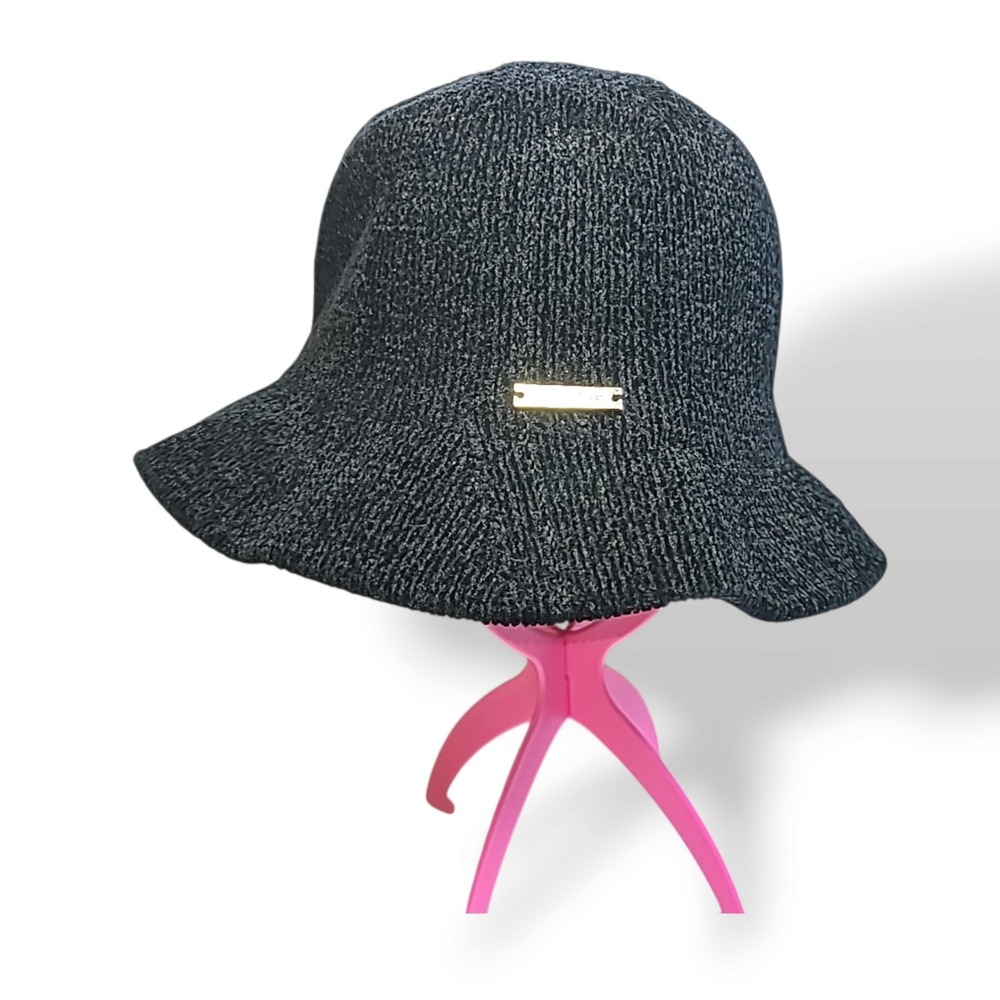 Lea Journo Black Knit Bucket Hat Wide Brim Textured Logo Plaque NWOT